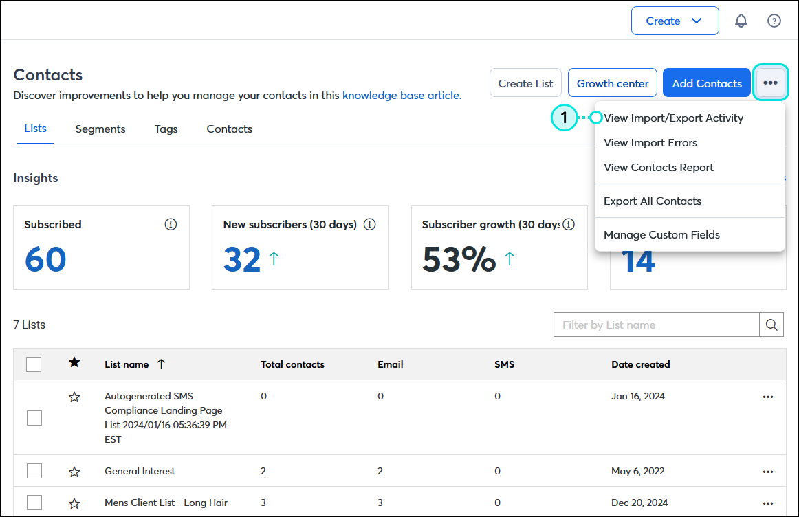 Contacts dashboard with Lists tab selected, and dashboard menu expanded with with View Import/Export Activity option selected