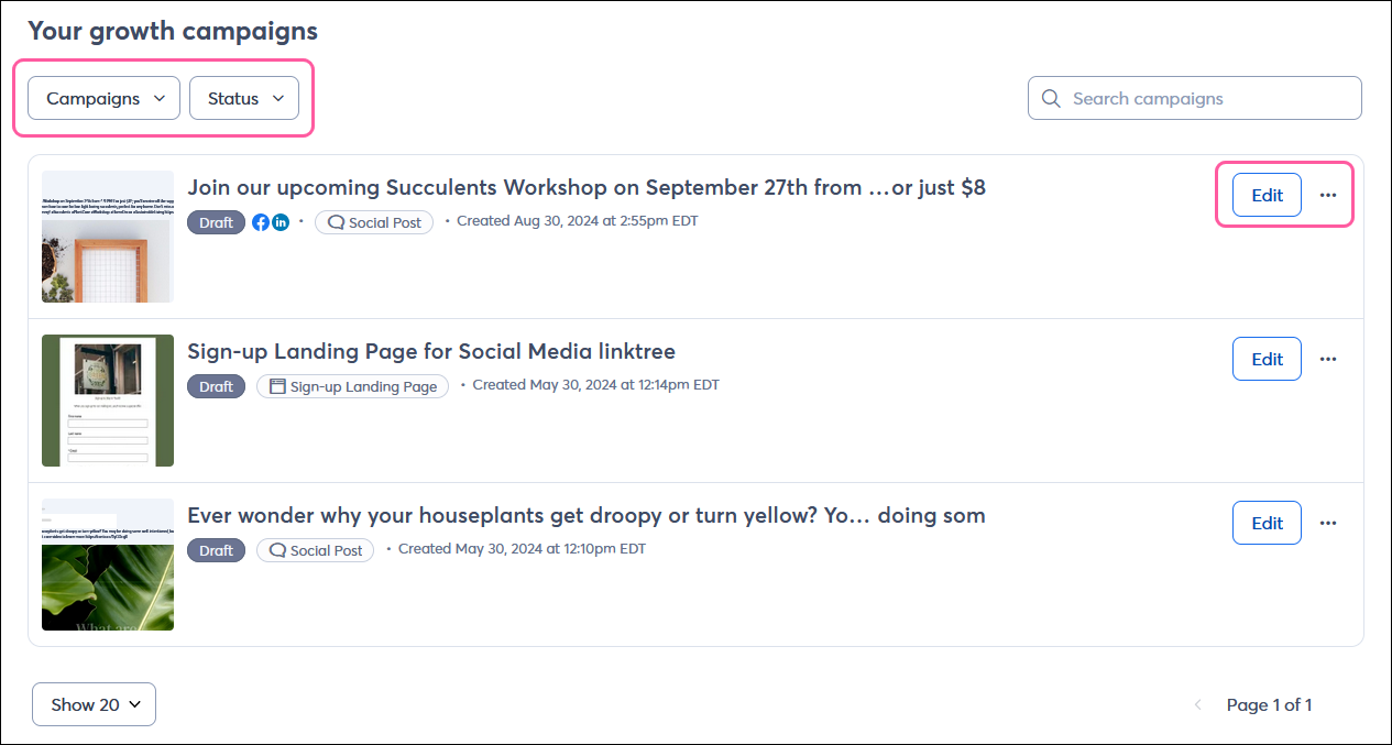 Contact growth center Your growth campaigns section with filter options and campaign Details button and menu button