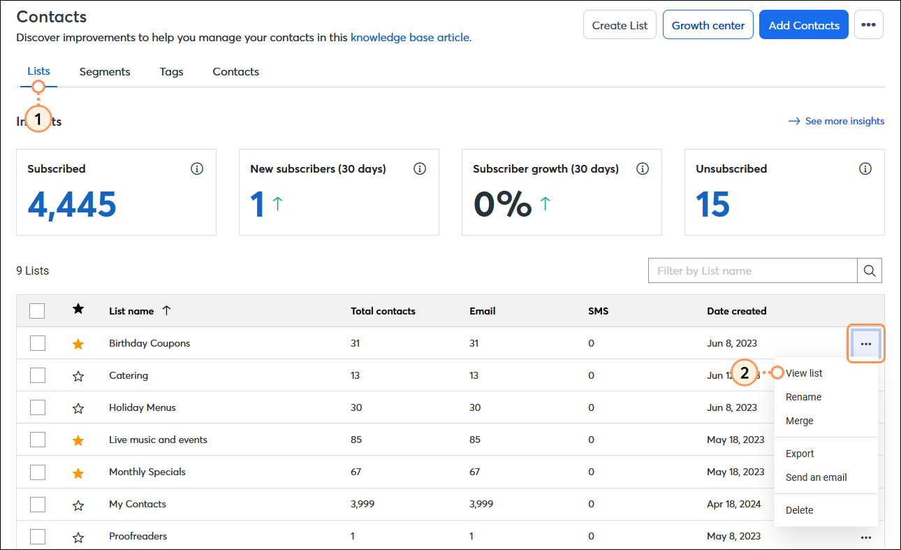 Contacts dashboard with List tab selected, List table with individual list drop-down menu expanded, and View list option