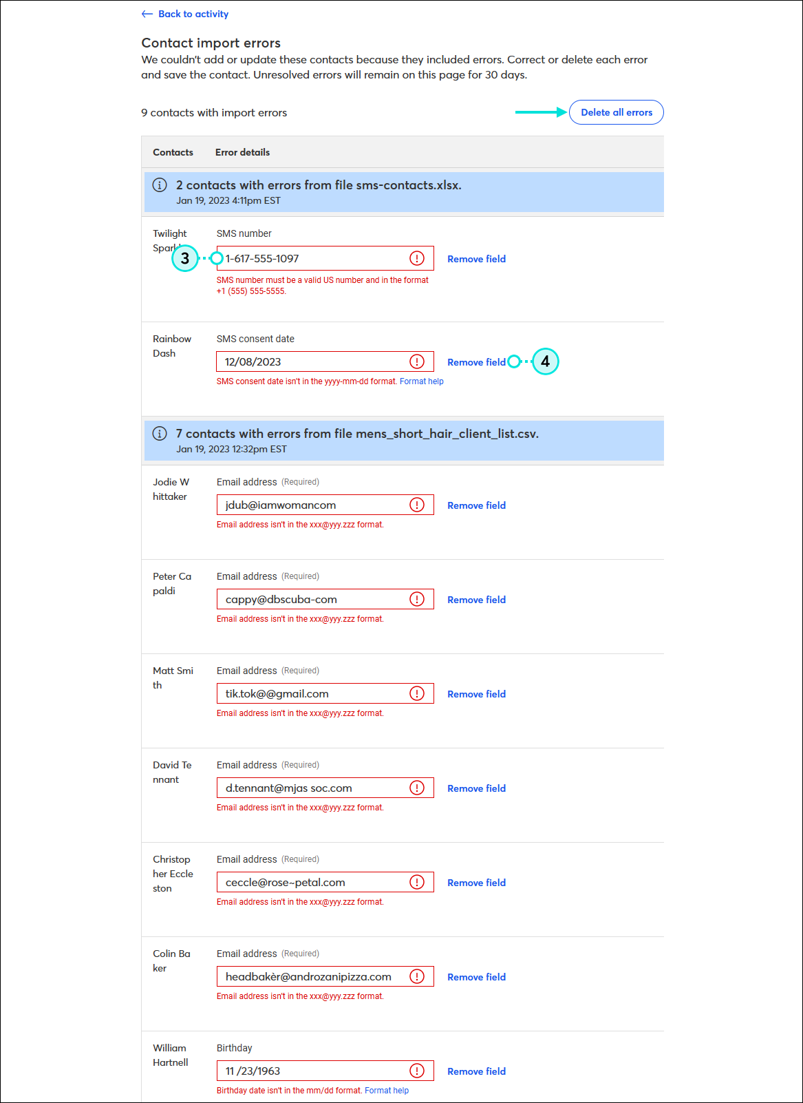 Página de importación de errores con múltiples cargas de listas, campo de error con descripción del error, y enlace Remove Fiel (Eliminar campo), y botón Delete all errors (Eliminar todos los errores)