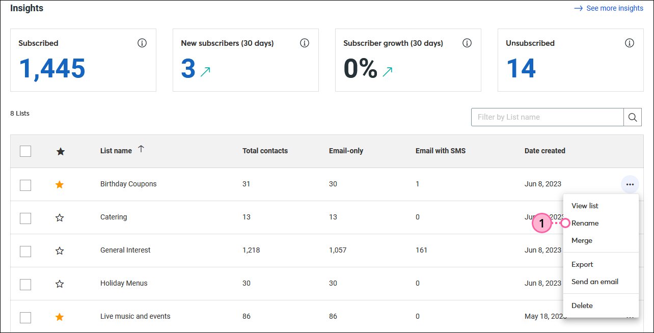 Contacts dashboard with Lists tab selected, list options menu expanded, and Rename option selected