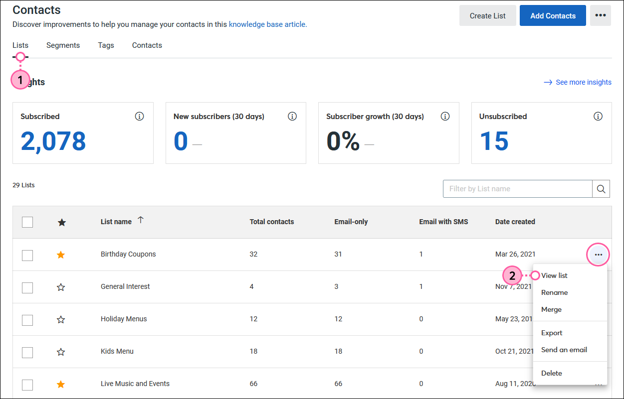 Contacts dashboard with Lists tab selected, List menu expanded, and View list option selected