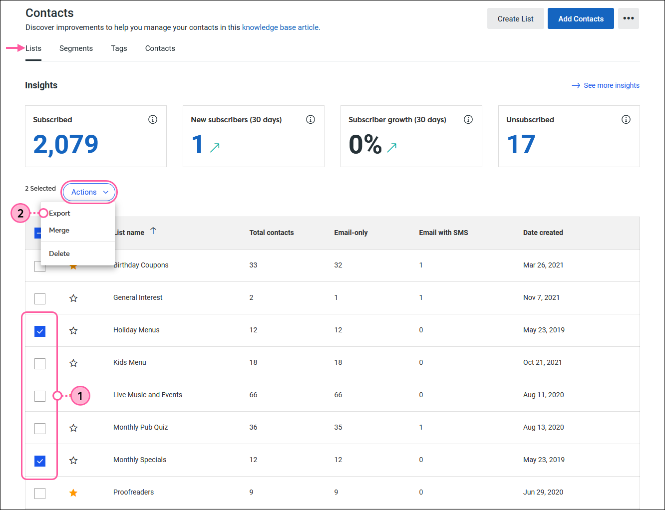 Contacts menu expanded with All contacts option selected, Lists tab selected, multiple lists selected, Actions drop-down menu expanded, and Export option