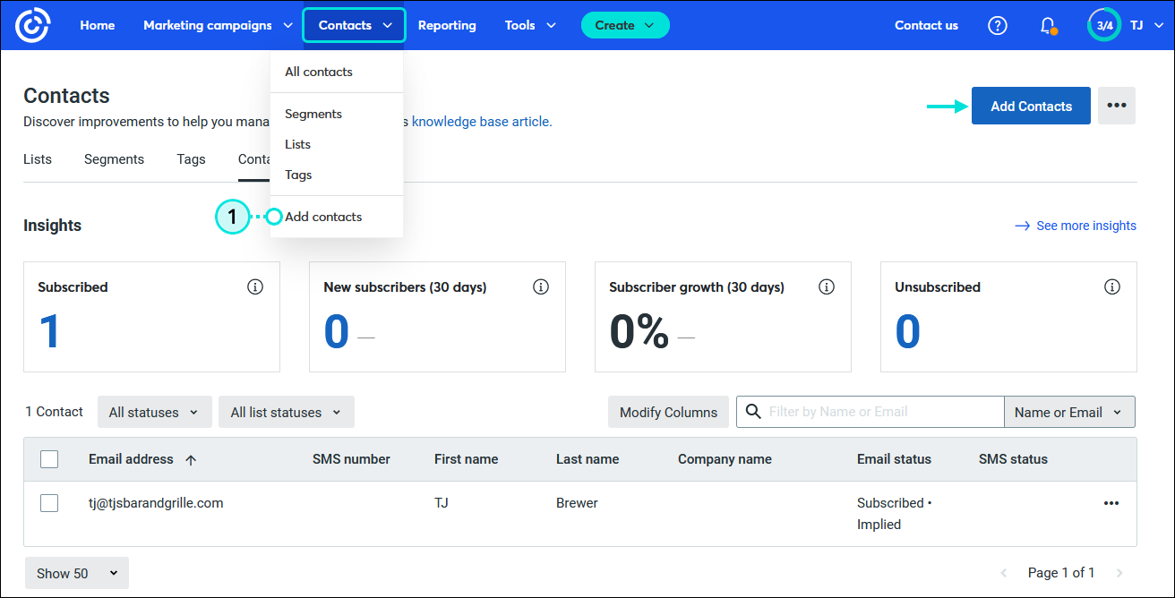 Contacts drop-down menu and Add contacts option selected