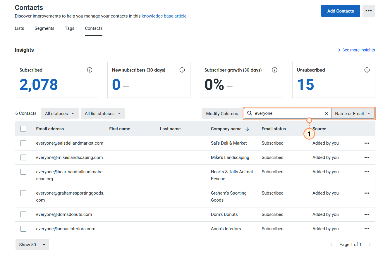Contacts dashboard with Contacts tab selected, Search field with role address, Name or Email option, and search results