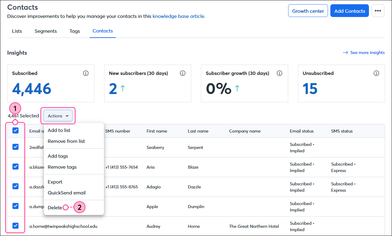 Contacts tab with Contacts tab selected, large list contacts selected with Actions drop-down menu and Delete option selected