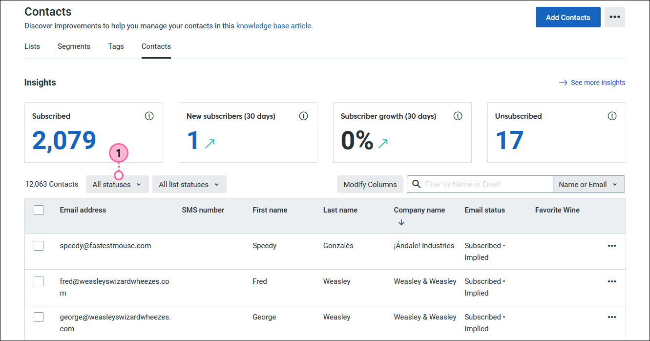 Contacts dashboard with Contacts tab selected and All statuses drop-down menu