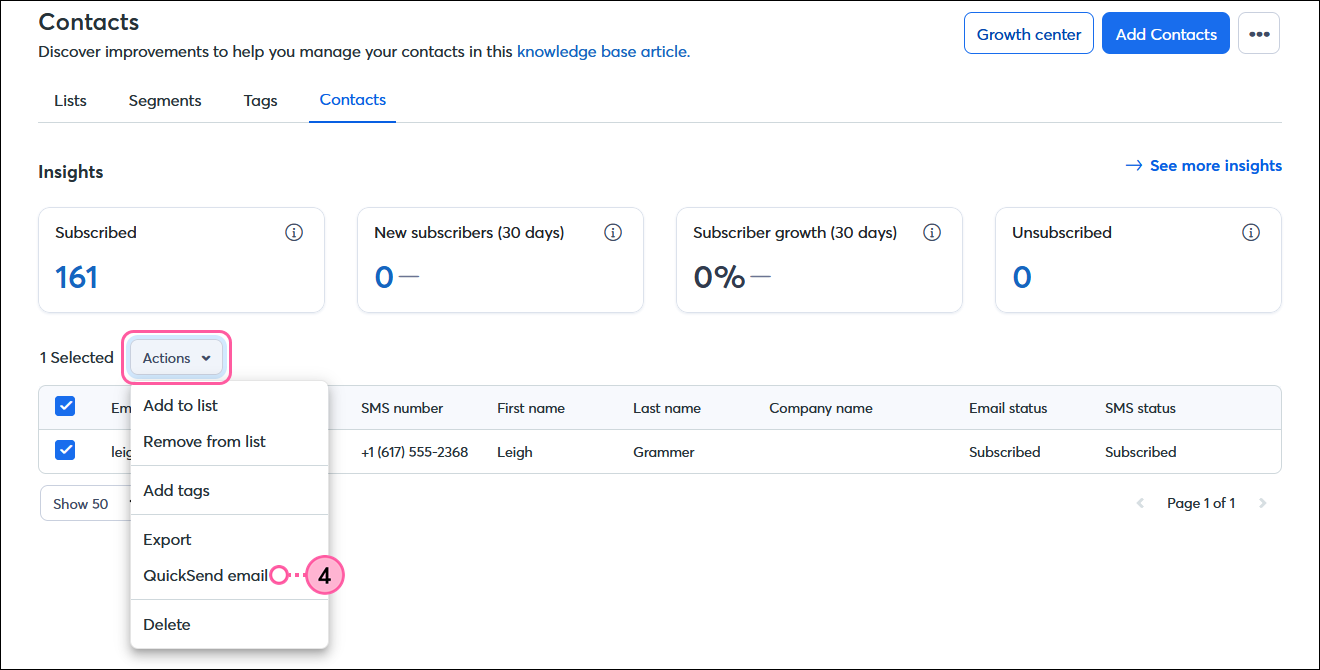 Contacts dashboard with Contacts tab selected, search results with single contact selected, Actions drop-down menu expanded, and QuickSend option