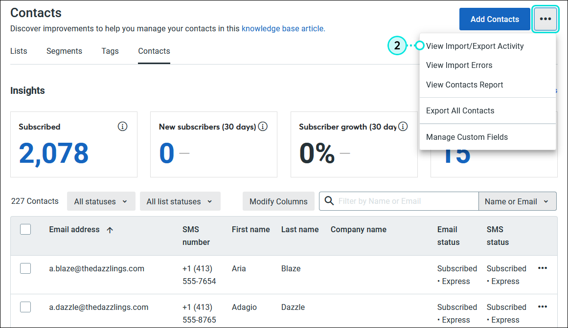 View your contact list import and export activity