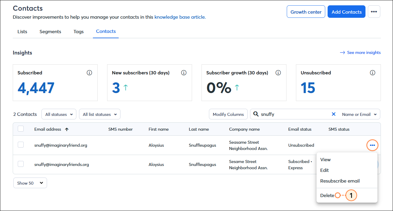 Contacts dashboard with Contacts tab selected, Search field and search results with duplicate contacts, contact menu expanded and Delete option selected