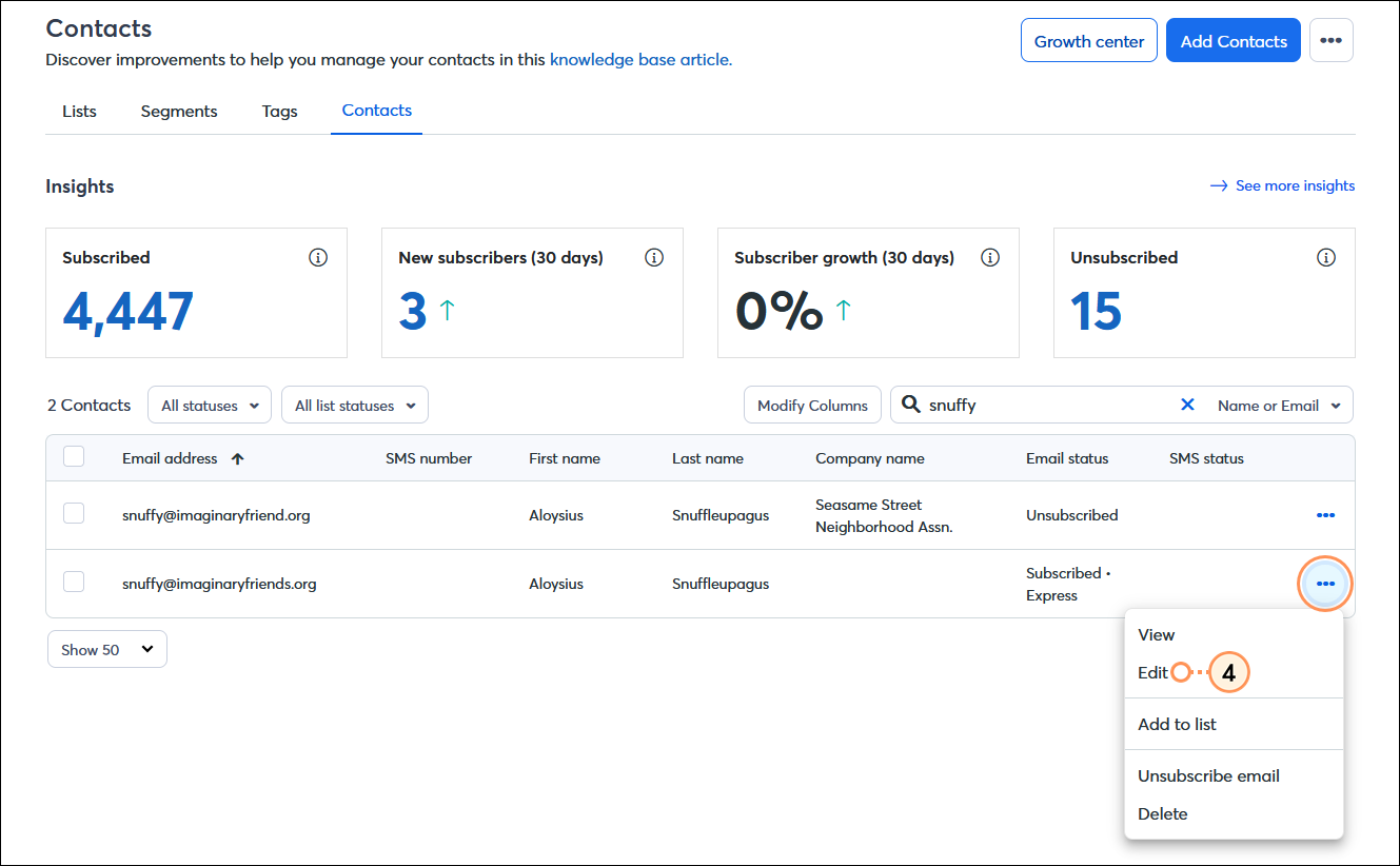 Contacts dashboard with Contacts tab selected, Search field and results with duplicate contacts, main contact with contact menu expanded, and Edit option selected