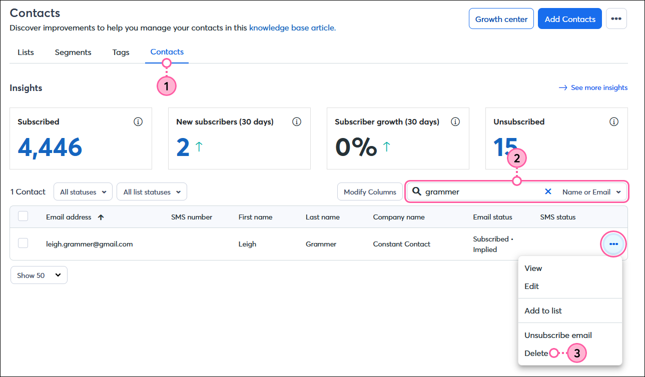 Contacts dashboard with Contacts tab selected, Search field and search results, contact menu expanded, and Delete option selected
