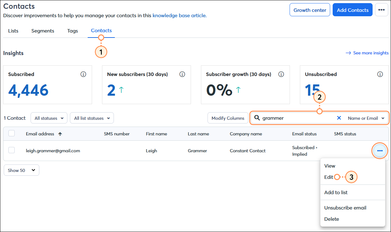 Contacts dashboard with Contacts tab selected, Search field and search results, contact menu expanded, and Edit option selected