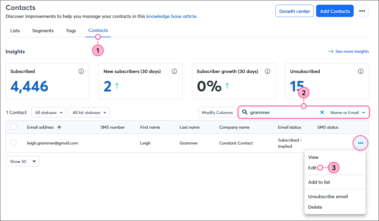 Contacts dashboard with Contacts tab selected, Search field and search results, contact drop-down menu expanded and Edit option