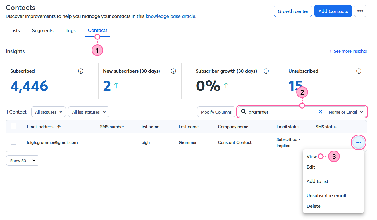 Contacts tab, Contacts tab selected, Search field and search results, contact menu expanded, and View option