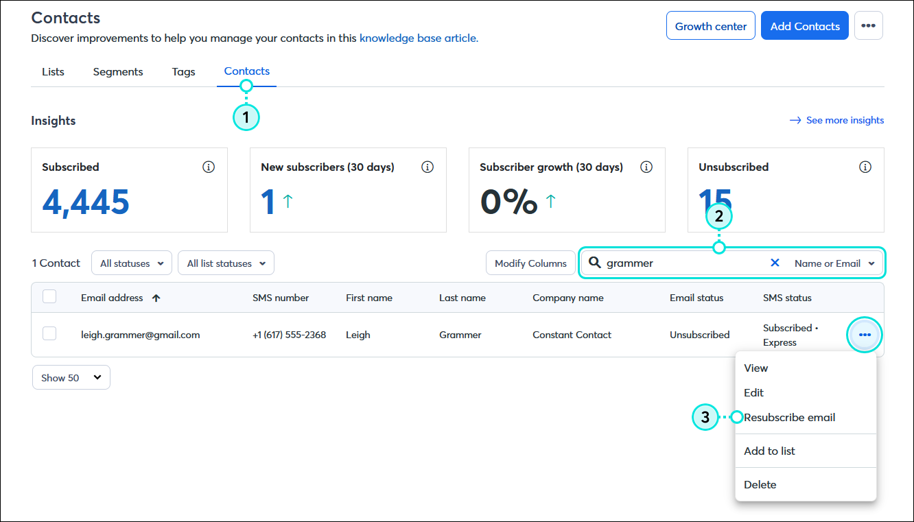 Contacts dashboard with Contacts tab selected, Search field with search results, contact menu expanded, and Resubscribe email option selected