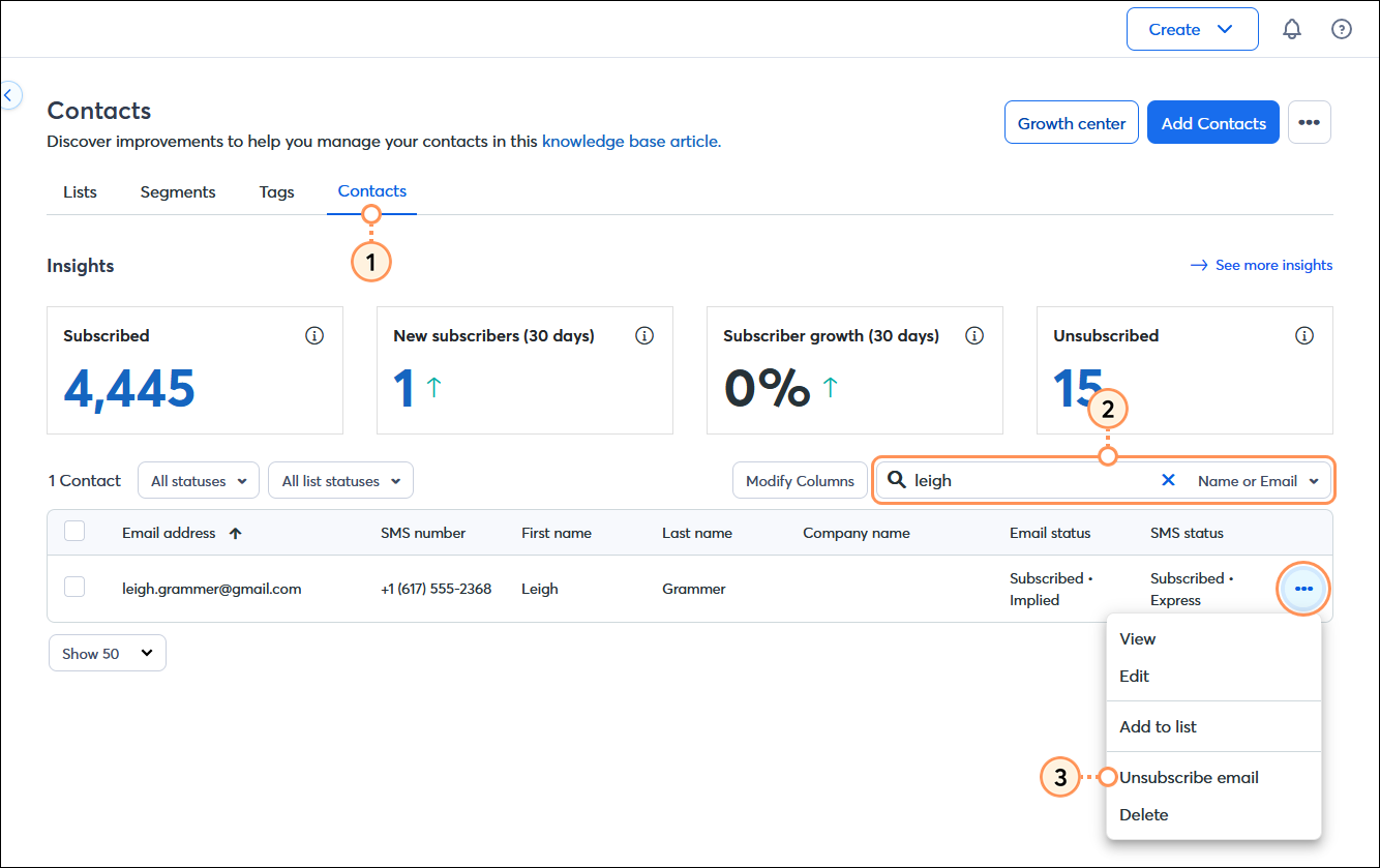 Contacts dashboard with Contacts tab selected, Search field and search results, contact options menu expanded and Unsubscribe email option selected