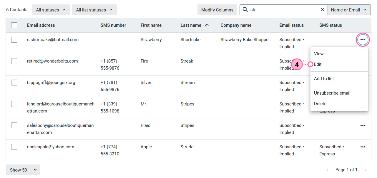 Contacts tab with Contacts sub-tab selected, Contacts table with contact menu expanded and Edit option selected