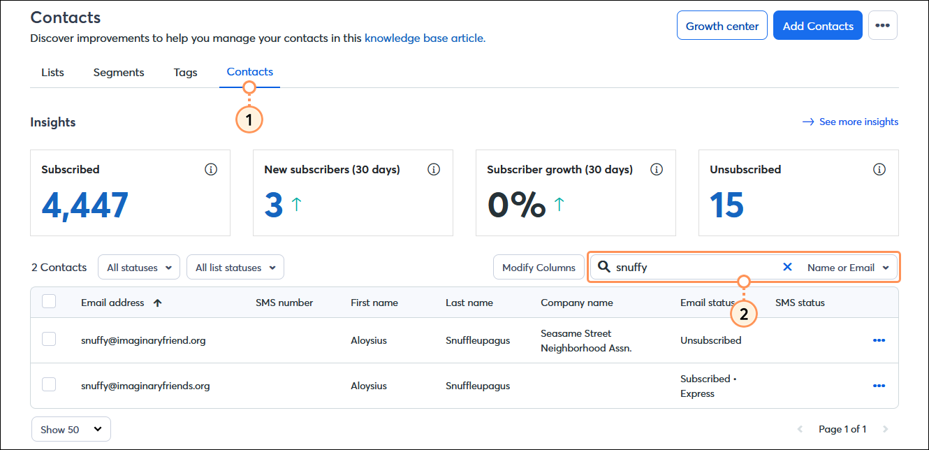 Contacts dashboard with Contacts tab selected, Search field with Name or Email search, and search results with duplicate contacts