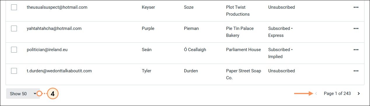 Show drop-down menu displaying 50 rows, and pagination menu