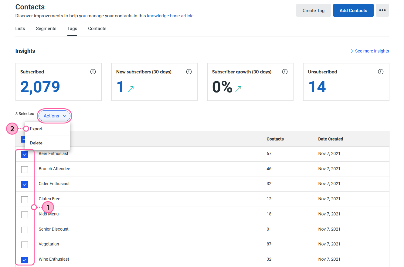 Contacts tab, Tags tab selected, multiple tags selected and Actions drop-down menu expanded, and Export option