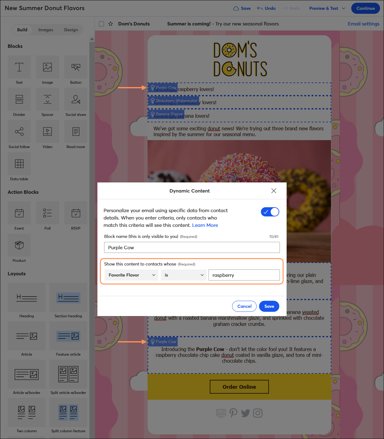 Email editor and email draft with dynamic content blocks and Dynamic Content overlay with custom field selected