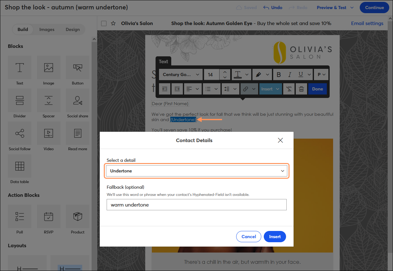 Email editor with custom field in the email content and the Contact Details overlay with a custom field selected