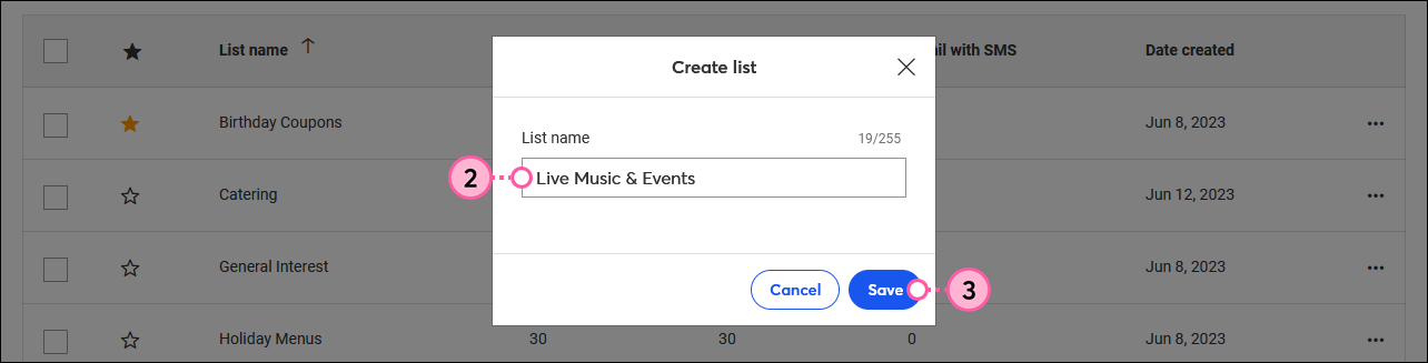 Create list overlay with List name field and Create button