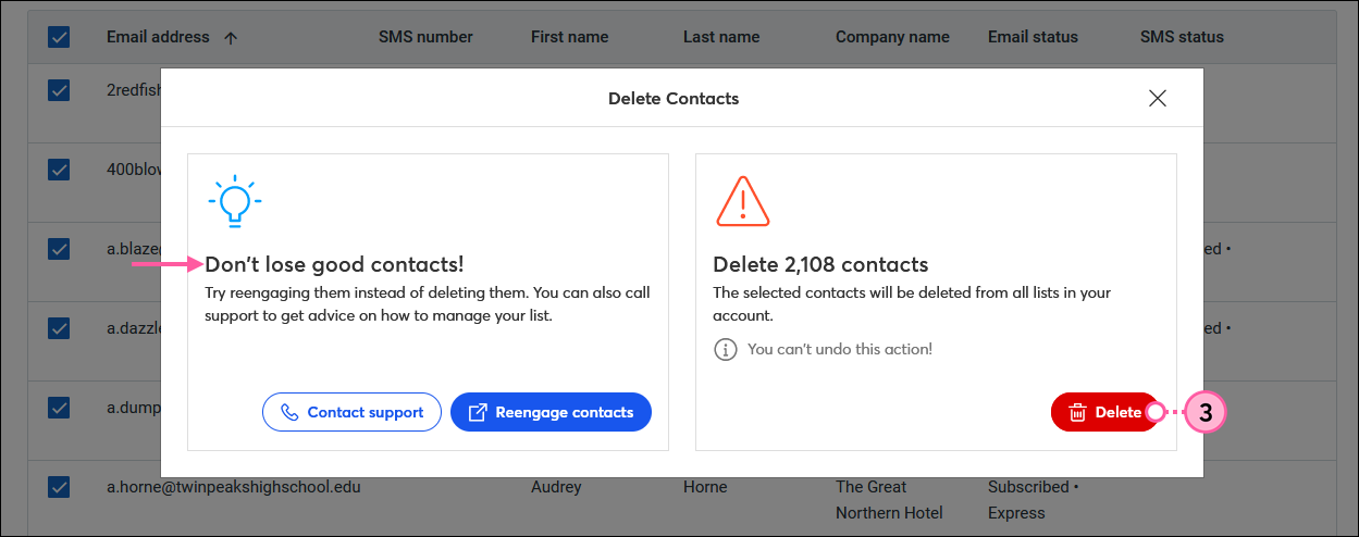 Delete Contacts overlay with Don't loos good contacts section and Reengage contacts button, and Delete contacts section with Delete button