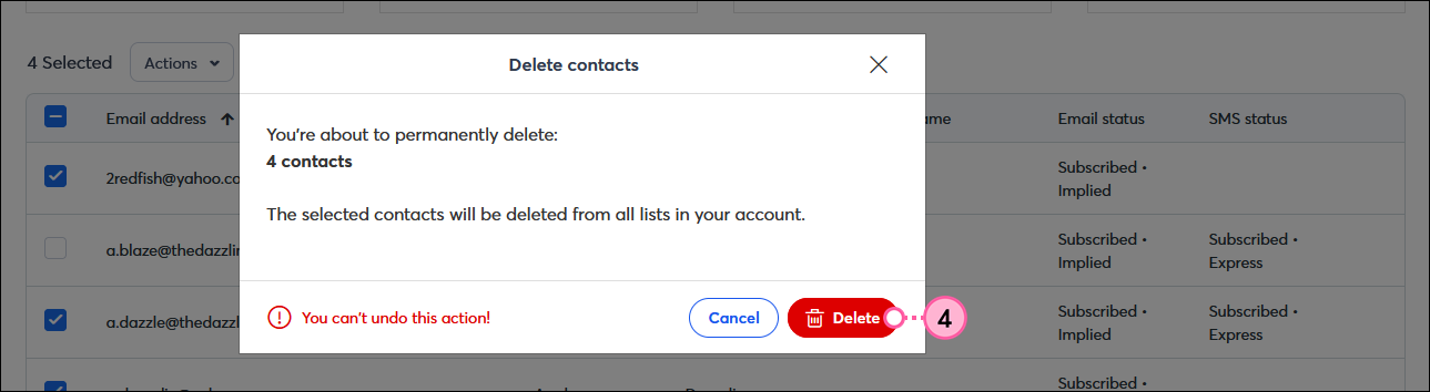 Delete contacts overlay with multiple contacts, and Delete button