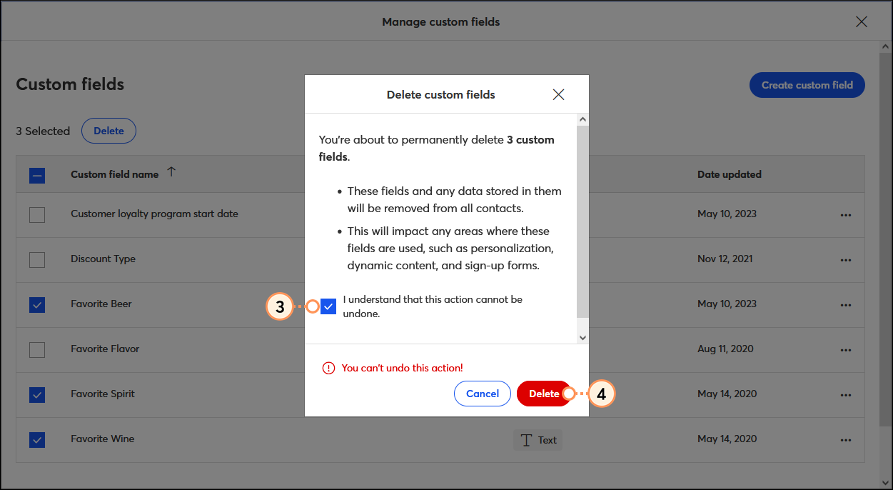 Manage custom fields overlay, Delete custom fields overlay, I understand that this action cannot be undone option, and Delete button
