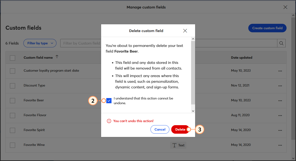 Manage custom fields overlay, Delete custom field overlay, I understand that this action cannot be undone option, and Delete button
