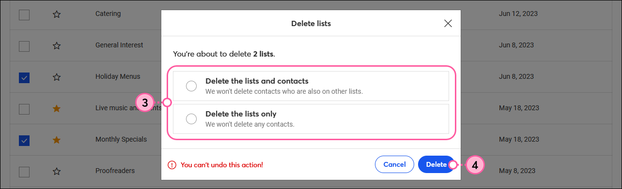 Delete List overlay, Delete the lists and contact option and Delete the lists only option, and Delete button
