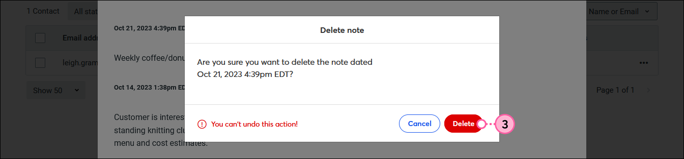 Contact Details overlay with Delete note overlay, and Delete button