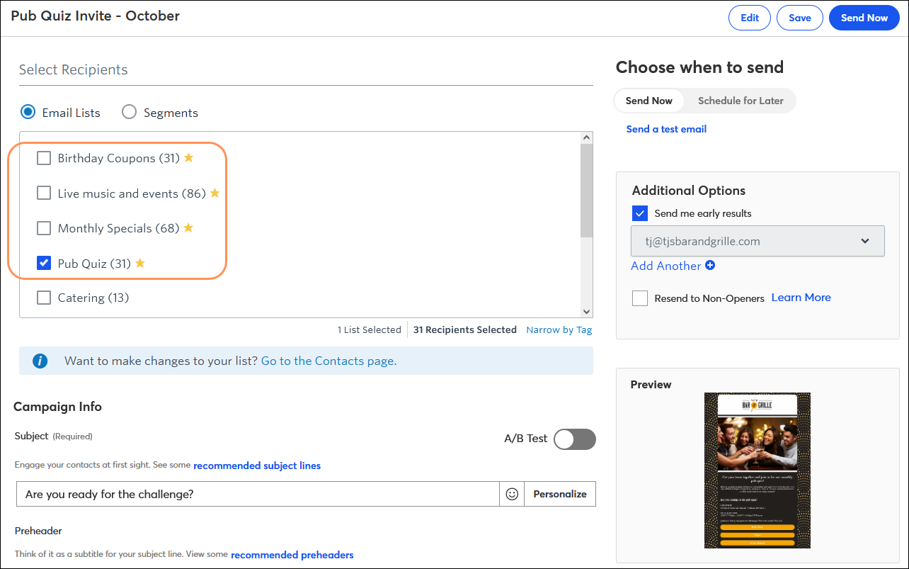 Email Schedule page with Select Recipients section and Email List option selected with favorite lists at the top