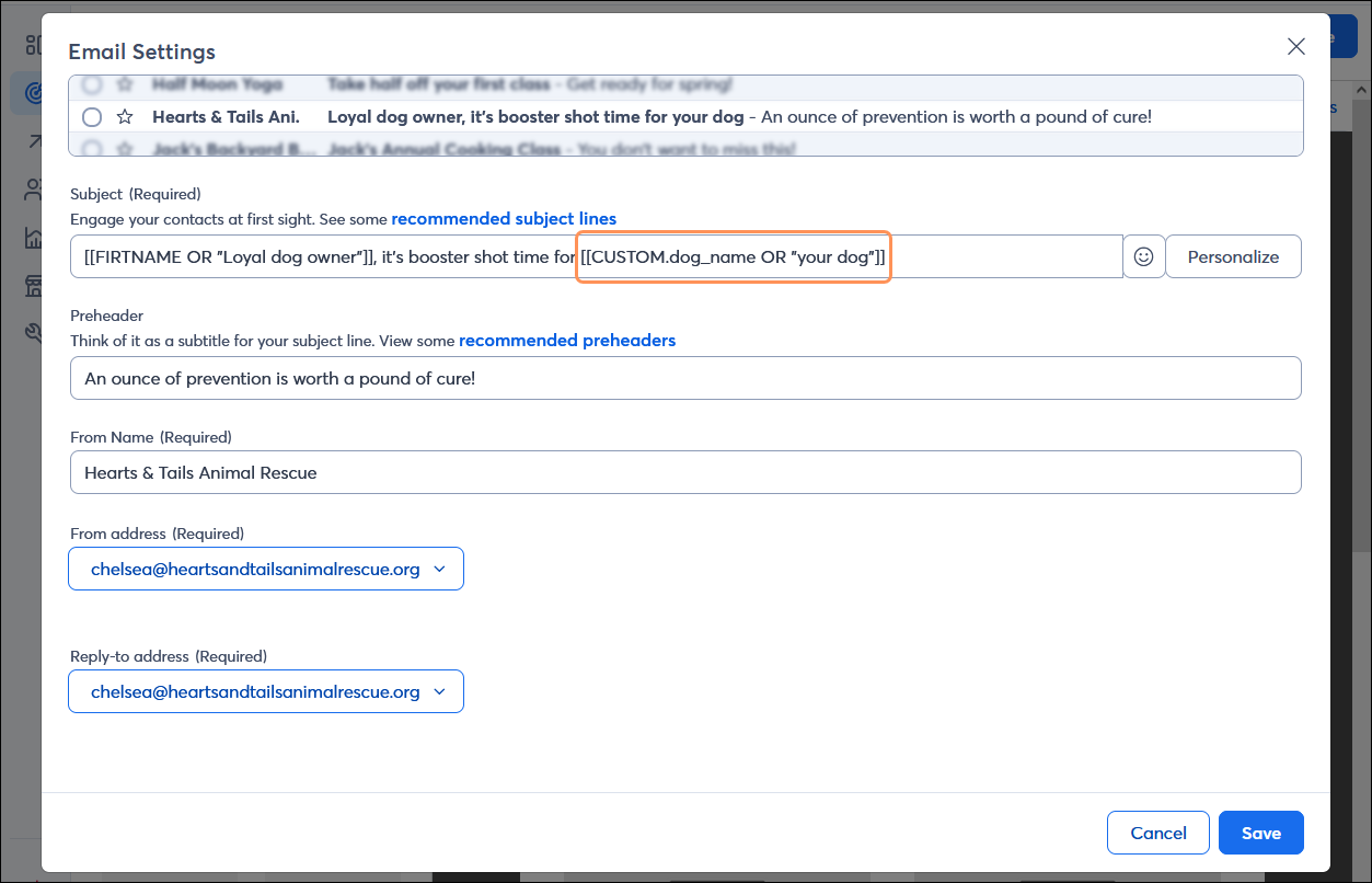 Email Settings overlay with personalized subject line that includes both contact details and custom fields