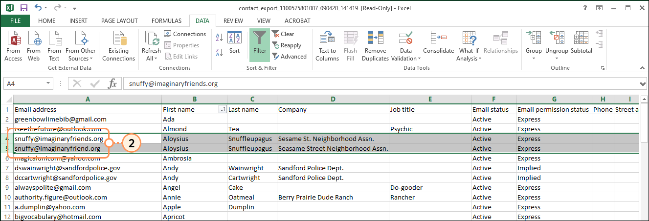 Excel-Tabelle mit doppelten Kontaktinformationen und falsch geschriebener E-Mail-Adresse