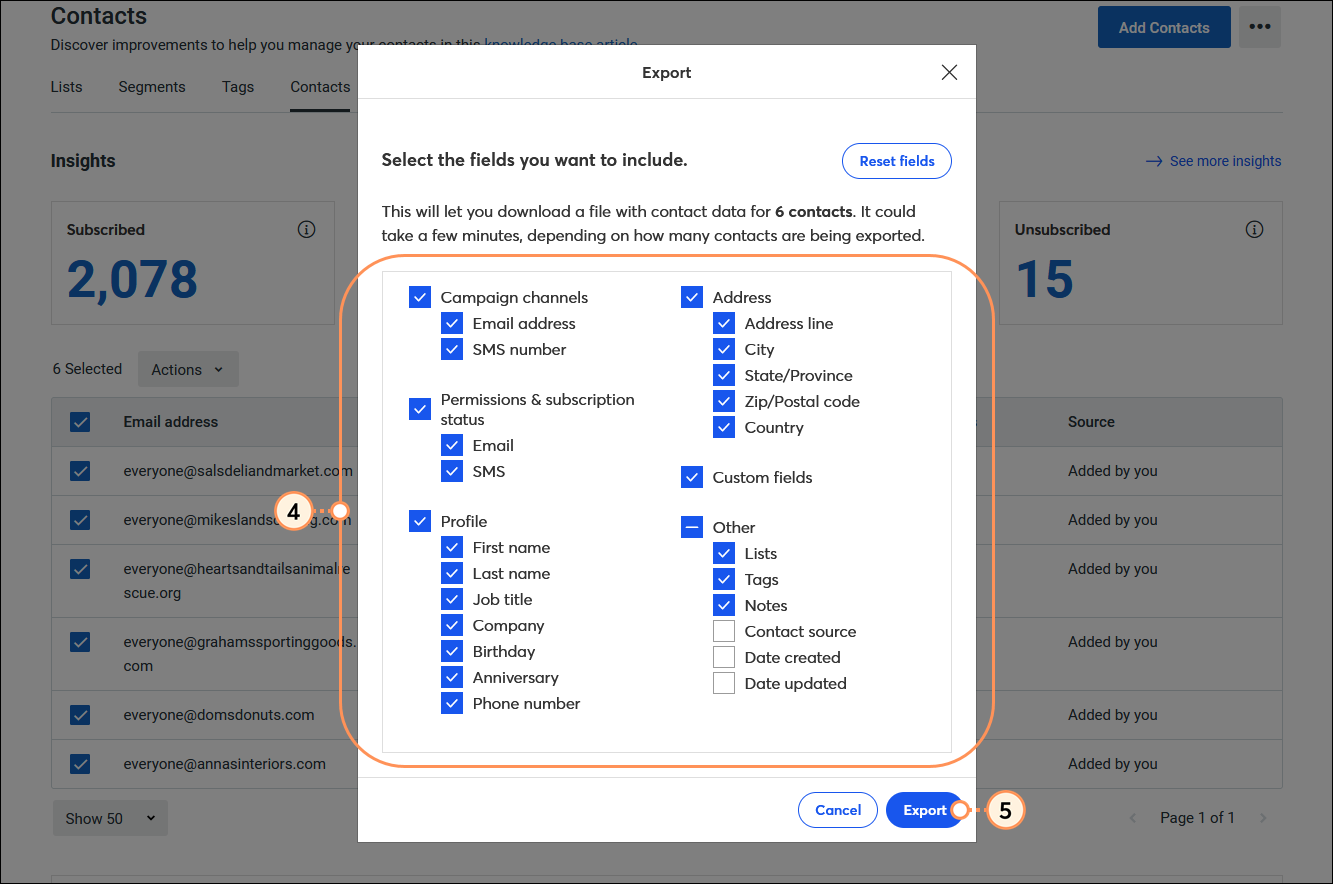 Export overlay, contact field options selected, and Export button