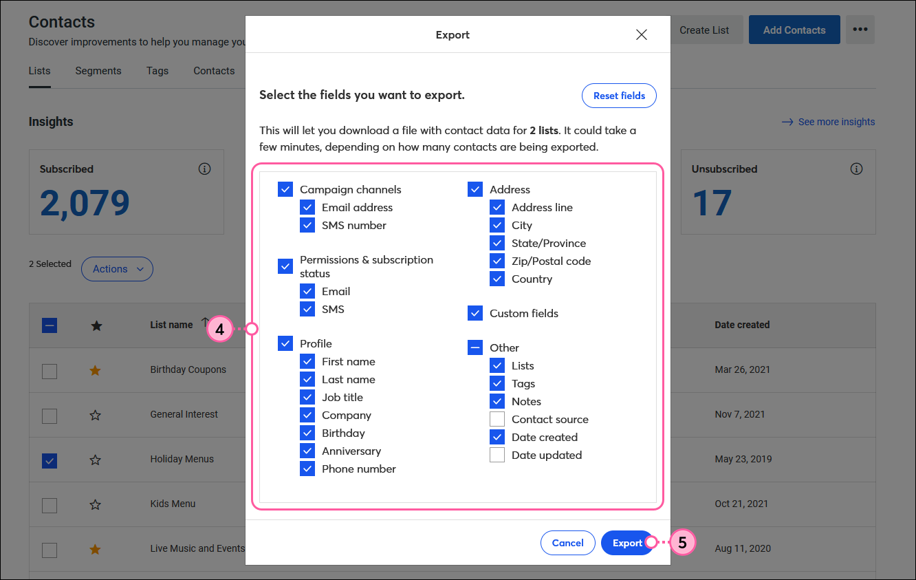 Export overlay with field options, and Export button