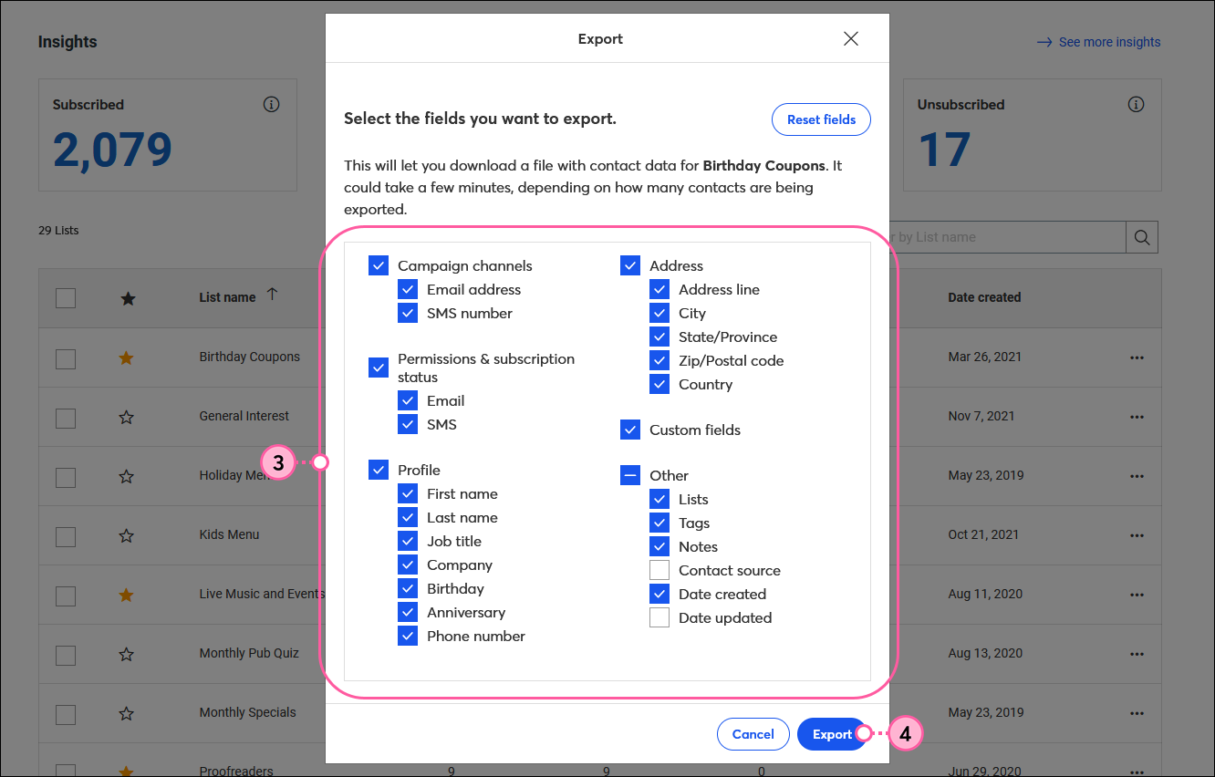 Export overlay with field options, and Export button