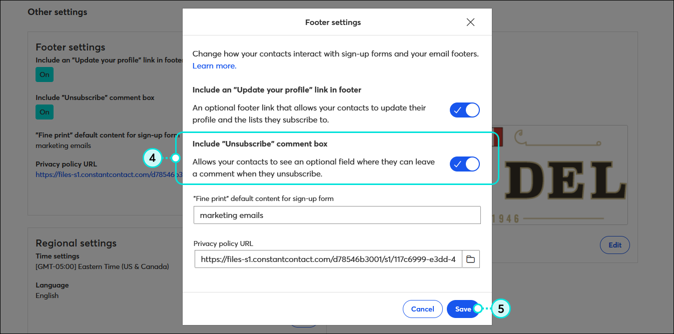 Footer settings overlay with Include Unsubscribe comment box option enabled, and Save button