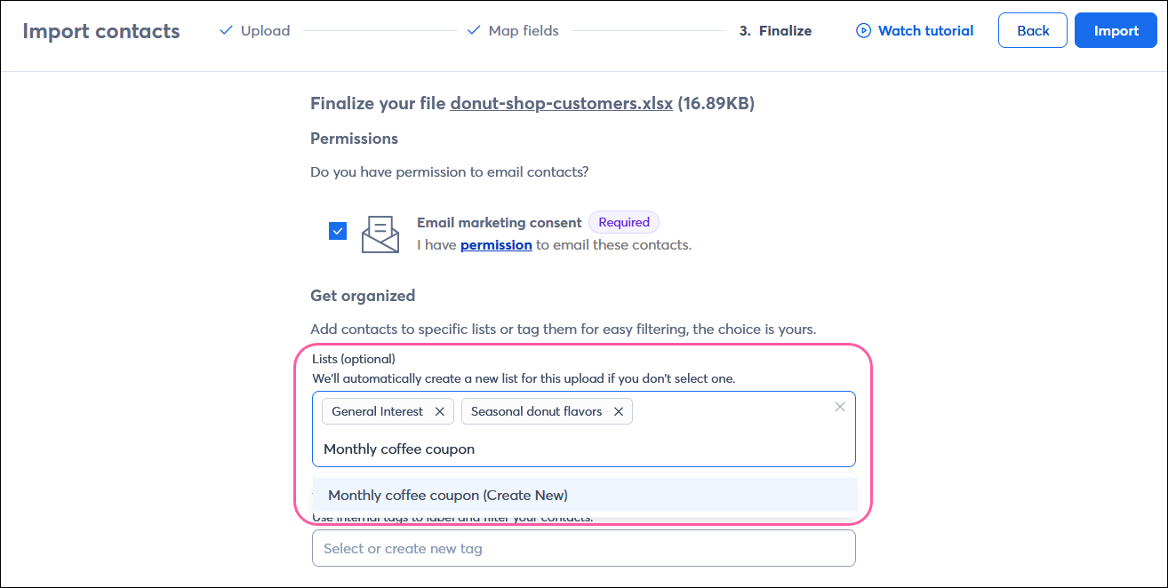 Import contacts page on step 3 Finalize, with Lists options and multiple lists selected and Create New option
