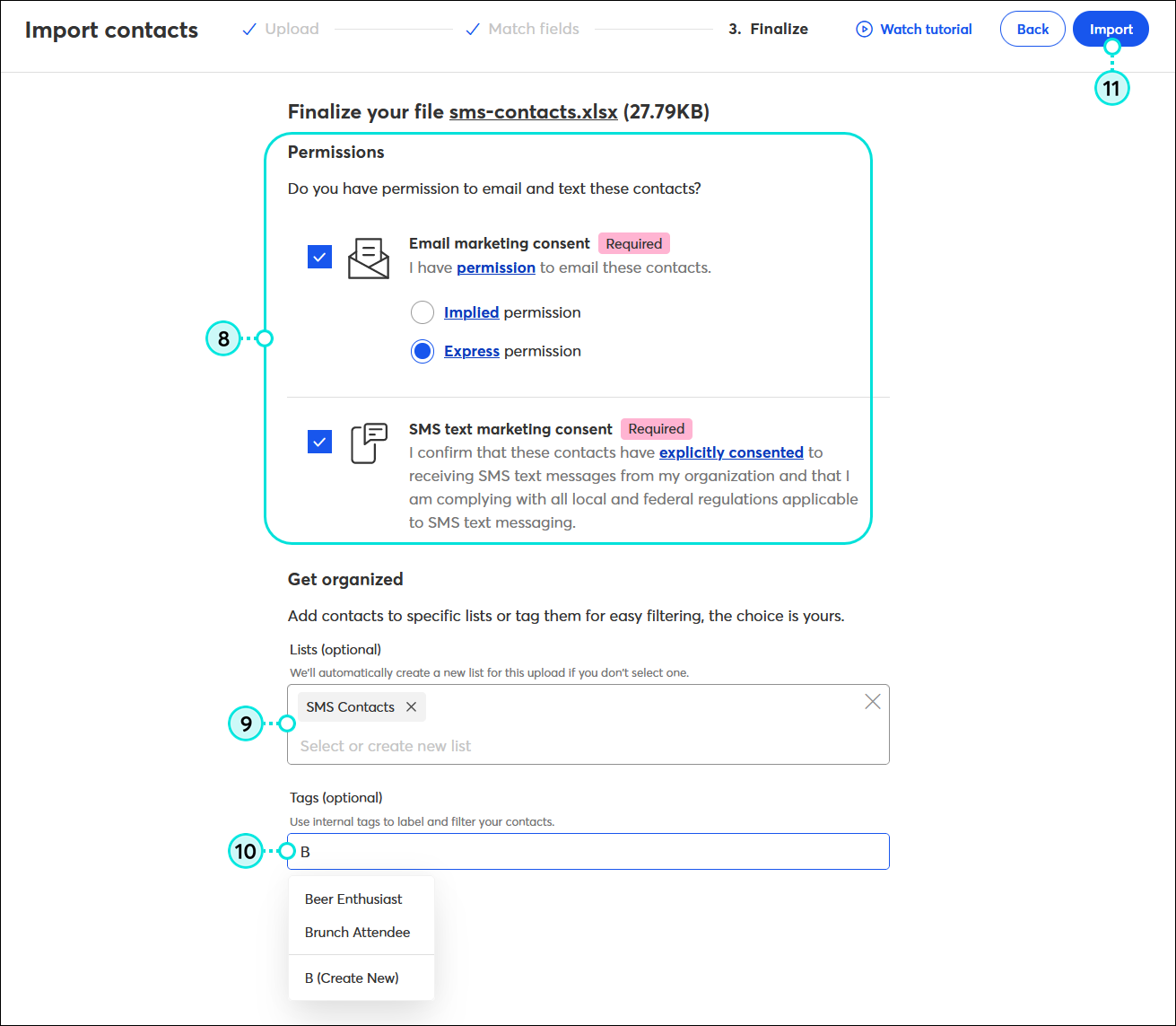 Import contacts Finalize step with email and SMS permission options, list and tag options, and Import button
