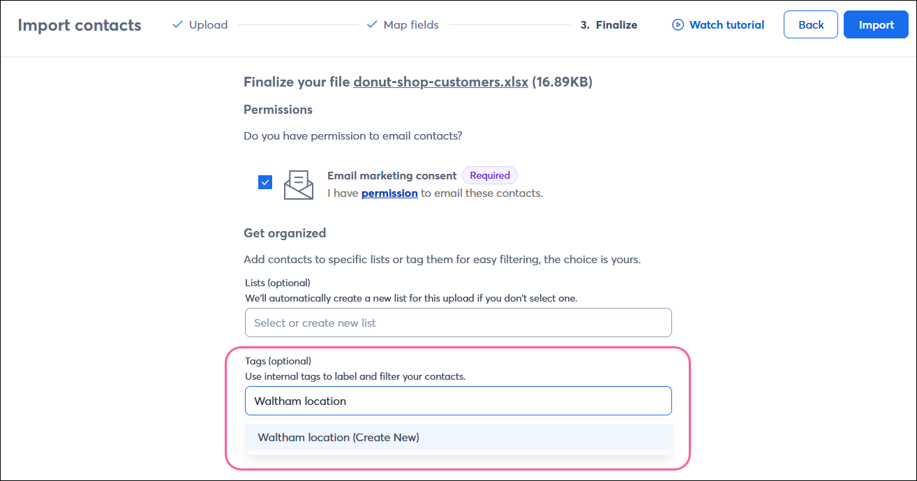 Import contacts page on Step 3 Finalize with new tag and Create New option