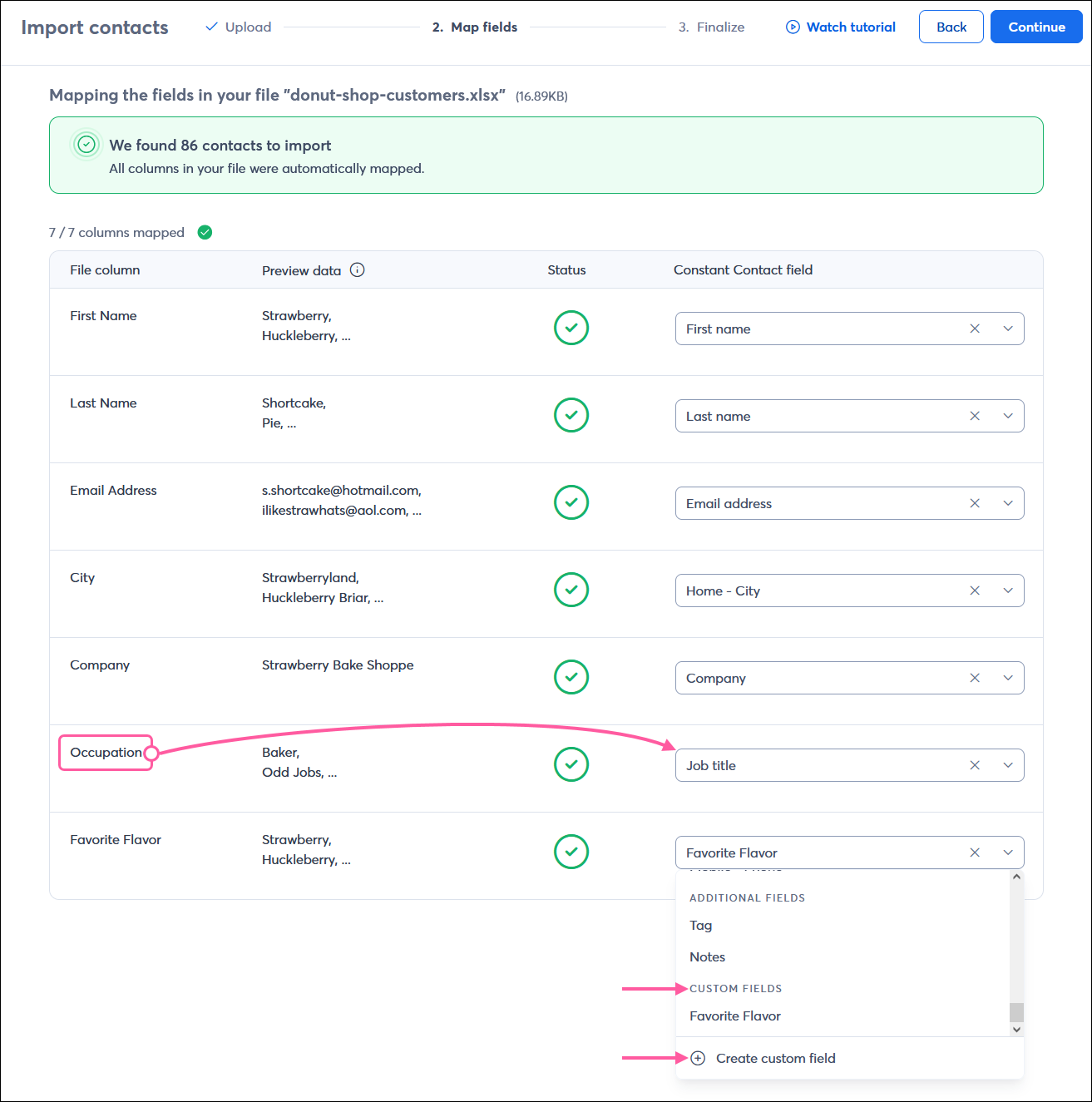 Import contacts page on step 2 Map fields, with columns mapped and Occupation mapped to Job title contact detail using AI, and Favorite Flavor column mapped to a new custom field