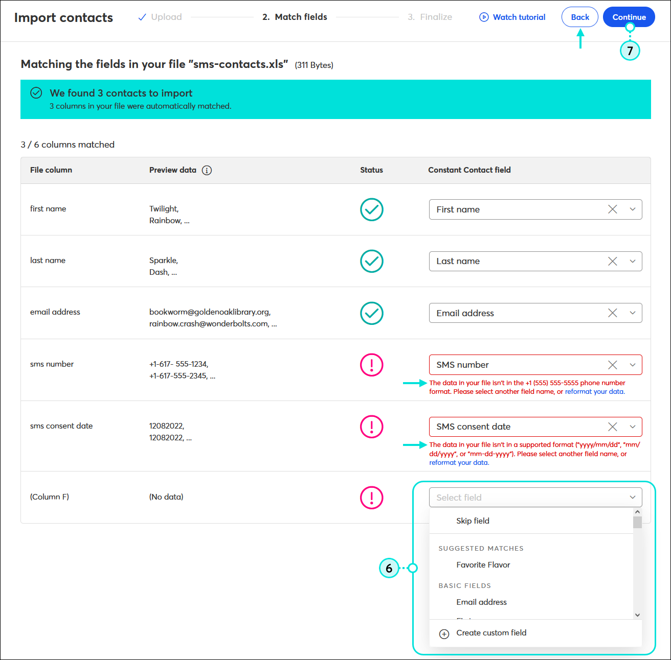 Import contacts Match fields step with SMS number and consent date formatting errors and untitled column with drop-down menu expanded, and Continue button