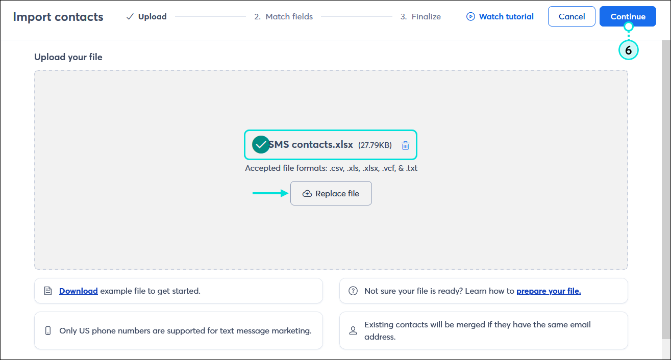 Import contacts with Upload step complete, Upload your file section with file name and Replace file button, and Continue button