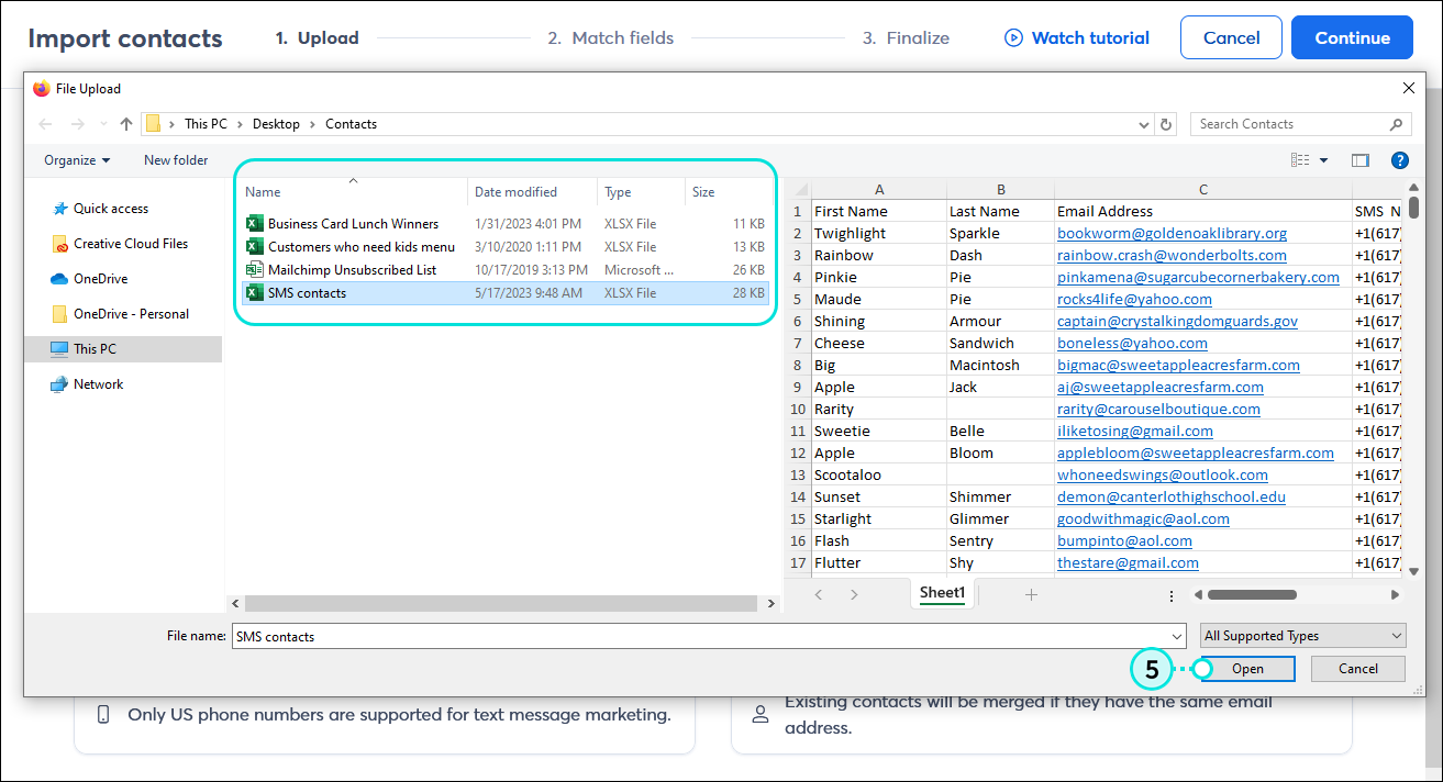 Example of File Explorer and contact files with file selected and Open button