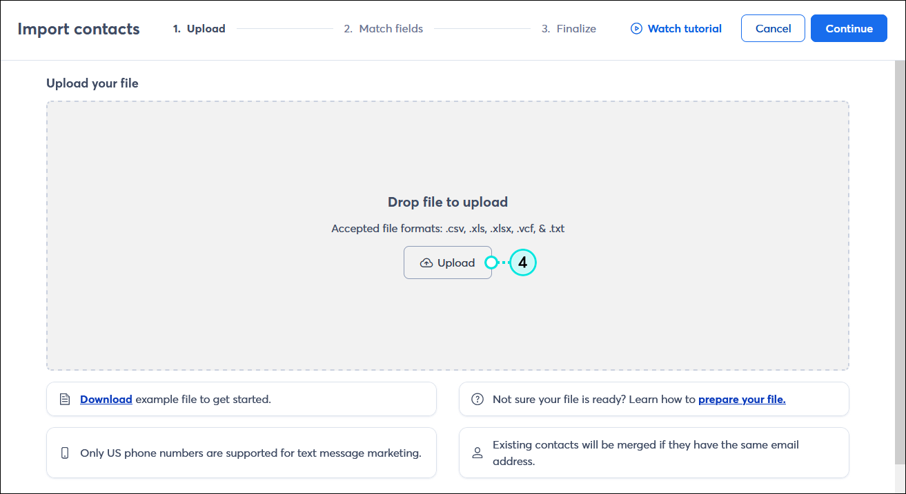 Import contacts step 1: Upload with Upload your file section and Upload button selected