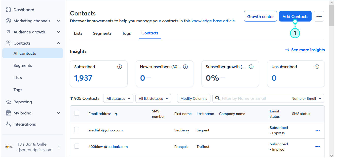 Contacts drop-down menu and All contacts option selected, Contacts dashboard with Contacts tab selected and Add Contact button